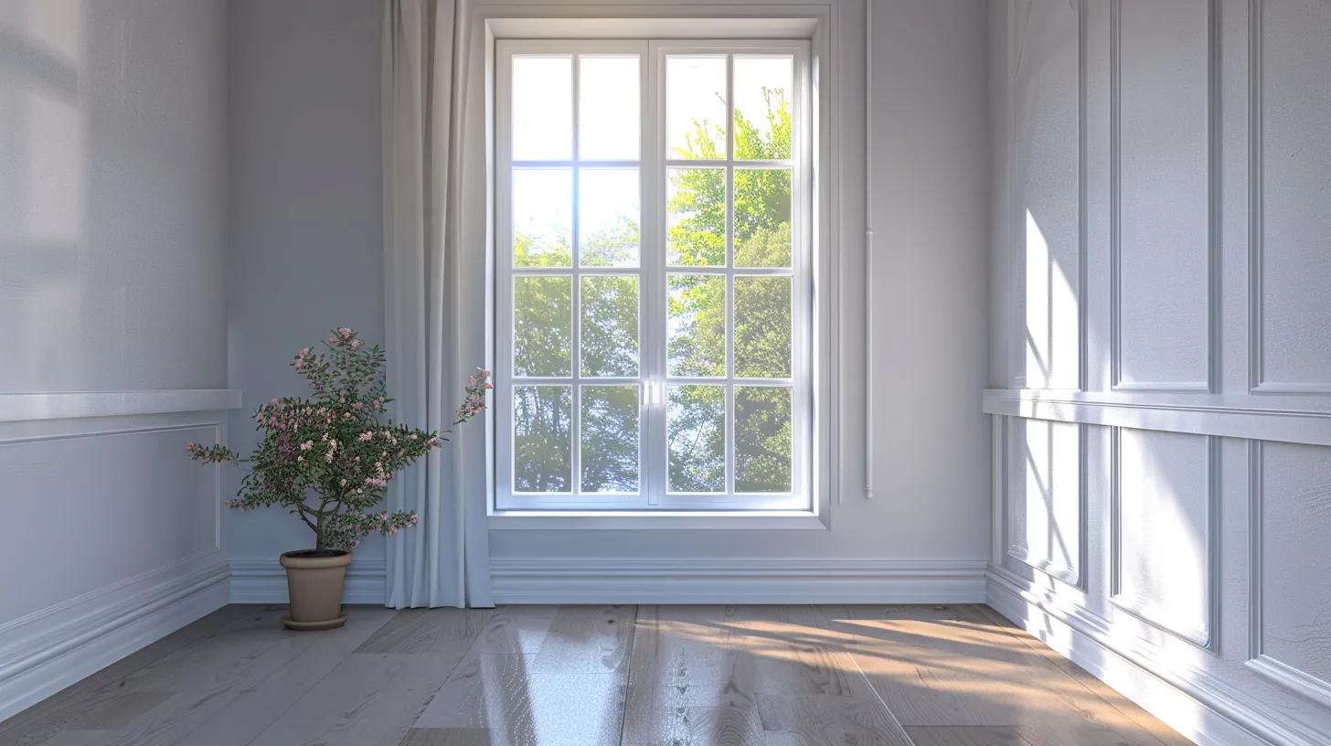 residential window in a living room, realistic picture with no text and no people, rays of soft daylight entering through it