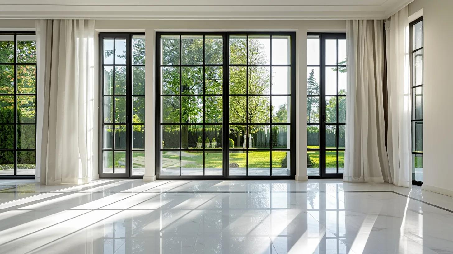 Professional architectural photography of elegant residential windows in a modern home interior. Large floor-to-ceiling windows with white or black frames, featuring multiple panes in a grid pattern. Soft natural daylight streaming through clean glass, creating beautiful shadows and light patterns on the floor. View of greenery or garden visible through the windows. Interior setting shows part of a bright, minimalist room with neutral walls (white, beige, or light gray). Sheer white curtains gently hanging on the sides, partially drawn. Window sill with a small potted plant or decorative item. High-quality architectural photography, sharp focus, natural lighting, realistic textures, depth of field. The windows are the focal point of the image, showcasing their design, frame details, and how they integrate with the living space. Clean, contemporary aesthetic with attention to craftsmanship and design details