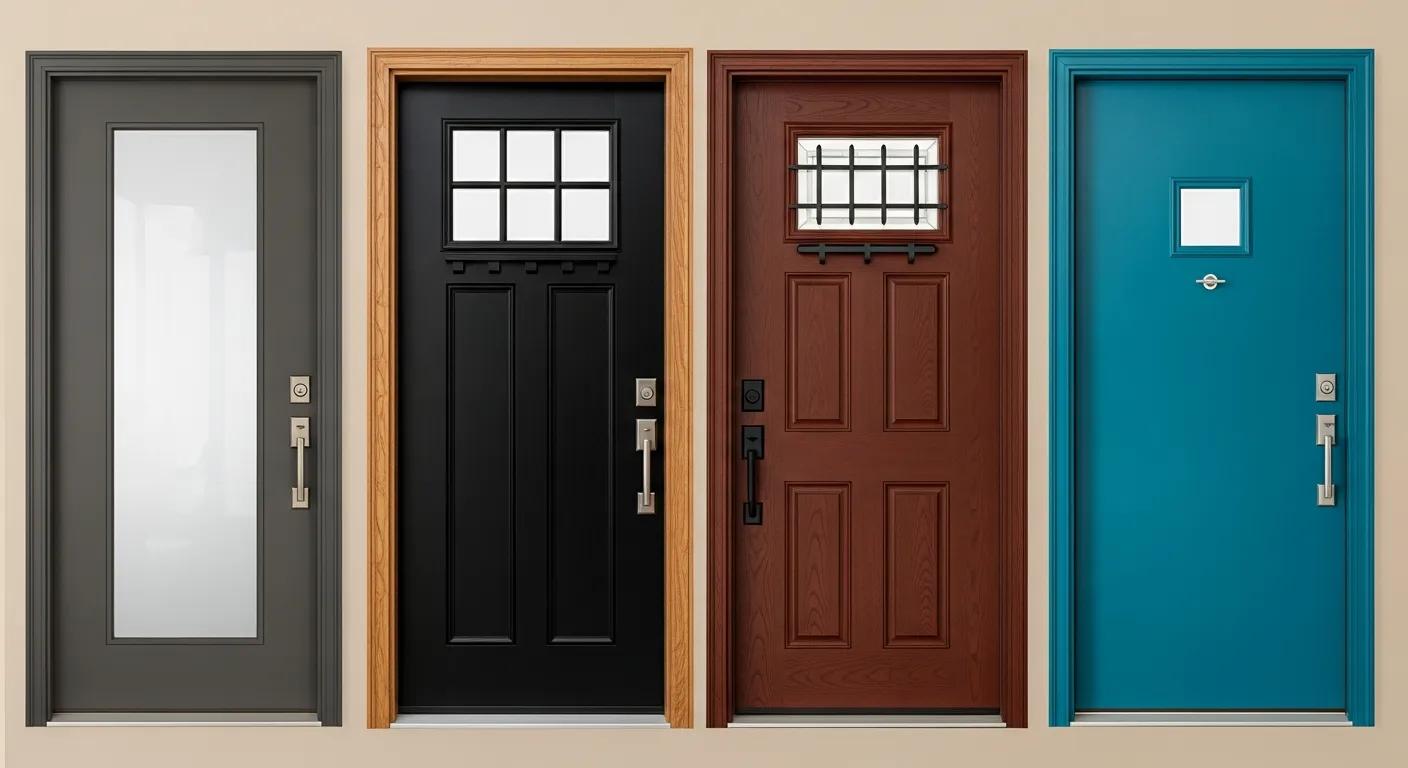 Selection of modern doors in fiberglass, steel, and wood that improve curb appeal