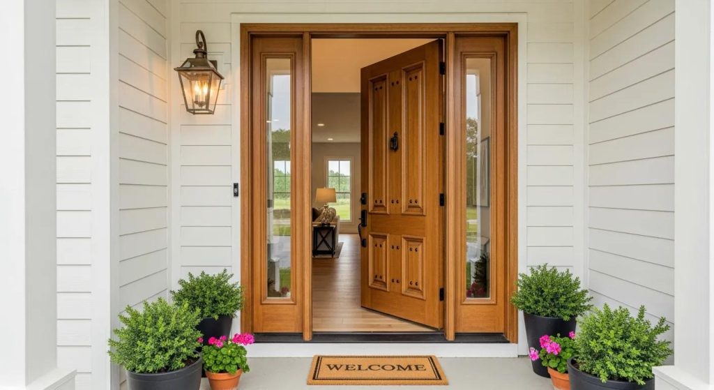 "Welcoming front entrance of a modern farmhouse home with warm brown wooden door featuring raised panels and decorative hardware, flanked by tall vertical sidelight windows, cream-colored horizontal siding, elegant wall-mounted lantern on left side, concrete porch with potted greenery and pink flowers, 'WELCOME' doormat, view through open doorway revealing bright interior living space, natural daylight, warm inviting atmosphere, professional real estate photography style, 16:9 aspect ratio"