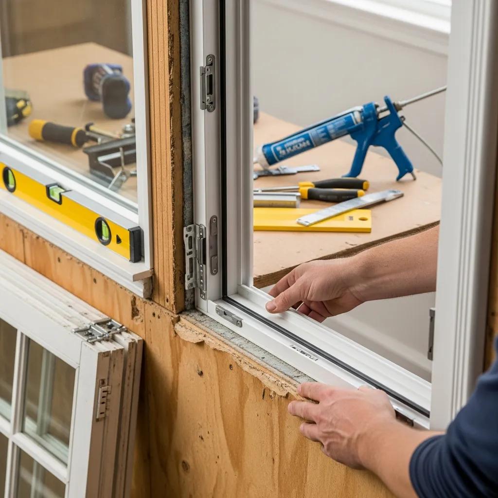 Close-up of pocket window installation where new unit fits into existing frame