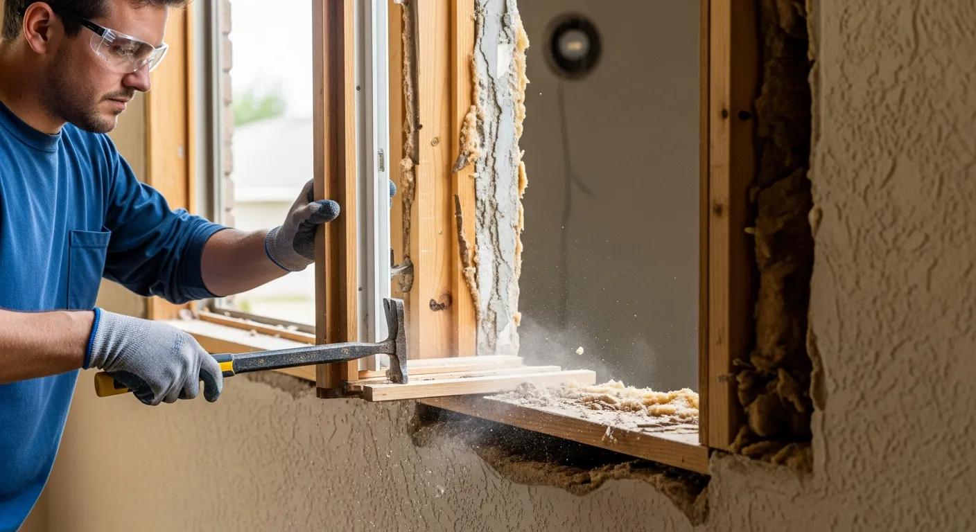 Professional installer removing old window frame during full-frame replacement