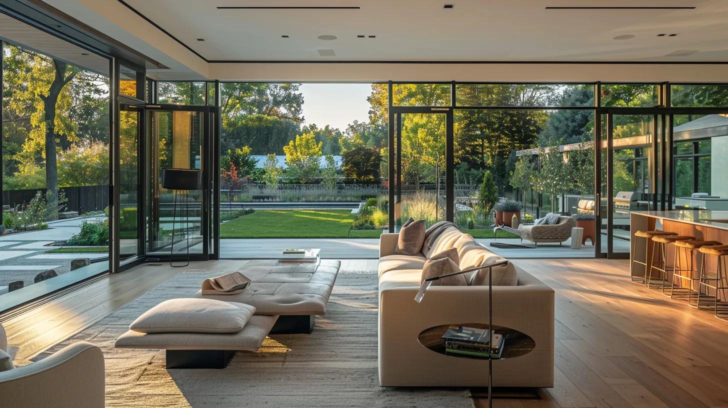 Stunning architectural photography of a luxurious modern home interior showcasing premium floor-to-ceiling windows and glass doors. Expansive windows with sleek black or white frames flooding a bright, elegant living space with natural sunlight. The windows offer a breathtaking view of a lush green landscape or modern garden. Interior features high-end finishes: hardwood floors, contemporary furniture in neutral tones, and minimalist design. Golden hour lighting creates a warm, inviting atmosphere with soft shadows. The image emphasizes the seamless connection between indoor and outdoor living, highlighting the quality and craftsmanship of the window installation. Professional real estate photography style, ultra-sharp focus, perfect exposure, aspirational and elegant mood. Wide-angle shot capturing the transformative impact of beautiful windows on a home's ambiance. Clean, sophisticated, and welcoming aesthetic that conveys trust, quality, and premium home improvement.