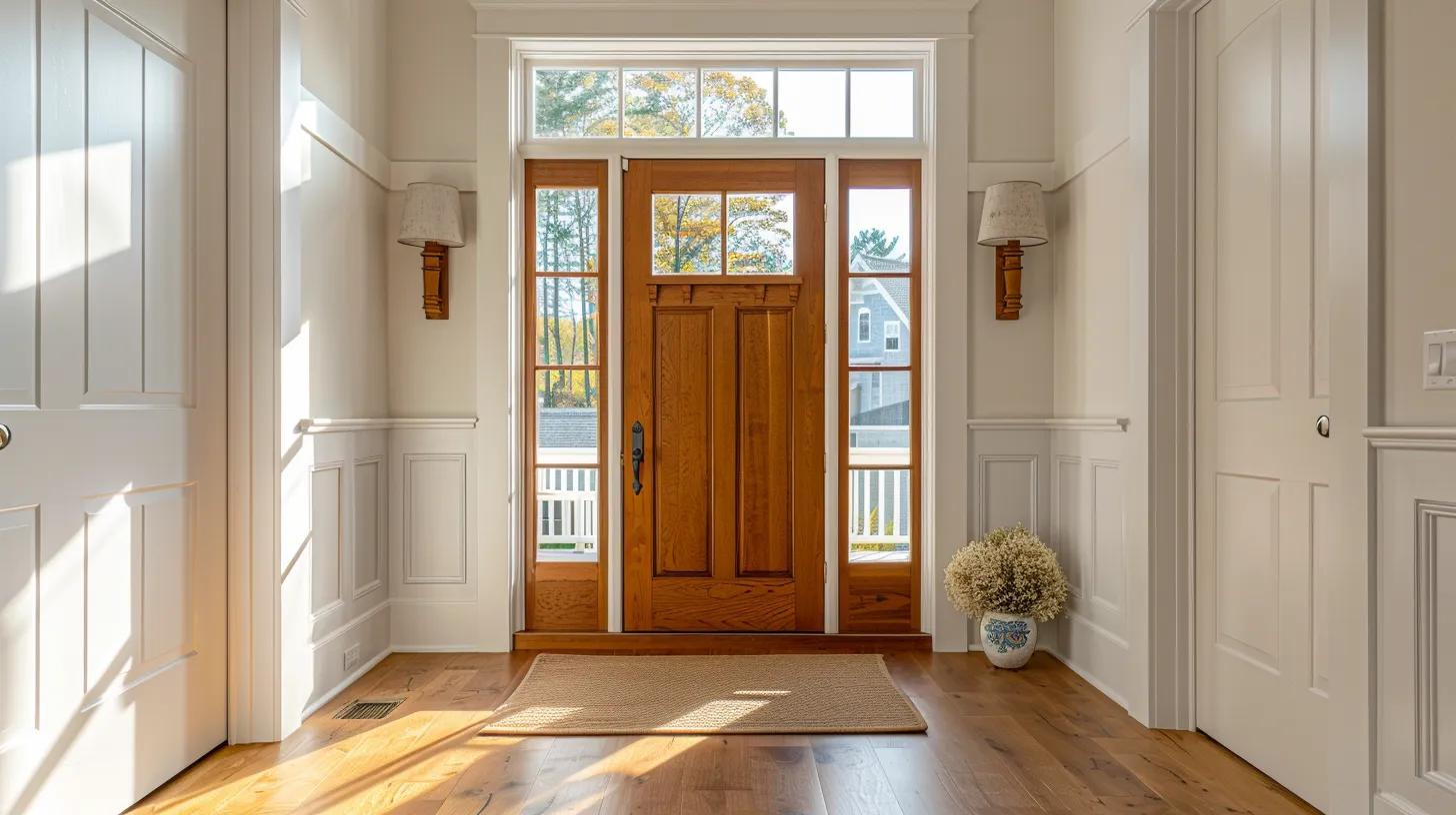 Realistic interior photography, wide-angle view of a welcoming Beverly Massachusetts home entryway featuring a beautifully installed solid wood front door with decorative glass panels, warm afternoon light streaming through sidelights casting golden patterns on the hardwood floor, a professional installer's level tool and hardware kit resting neatly on a drop cloth nearby, crisp white trim and molding framing the door perfectly, coastal New England architectural details visible including shiplap wall paneling, photorealistic, high resolution, professional architectural interior photography