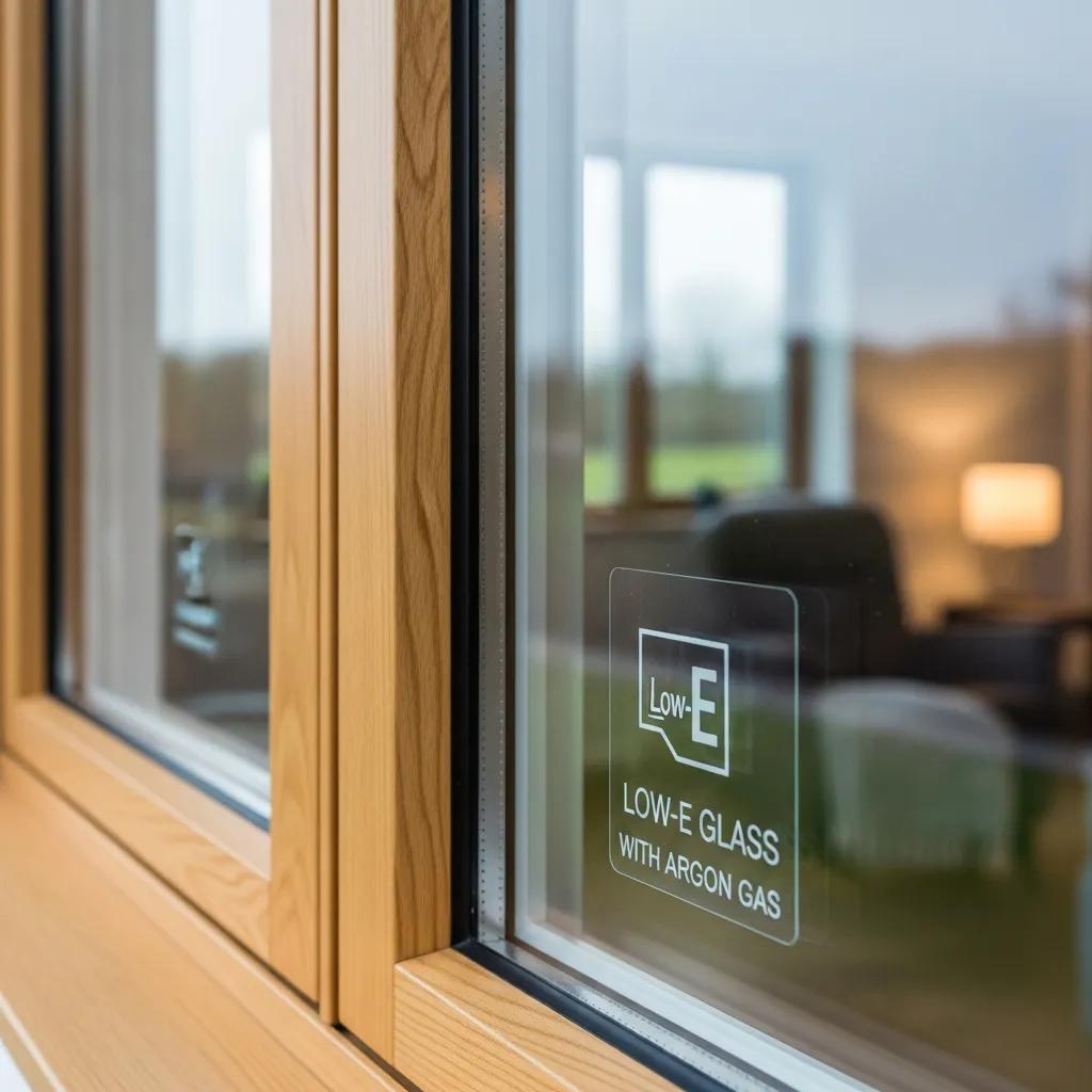 Close-up of an energy-efficient window showing Low-E coating and sealed gas-filled panes