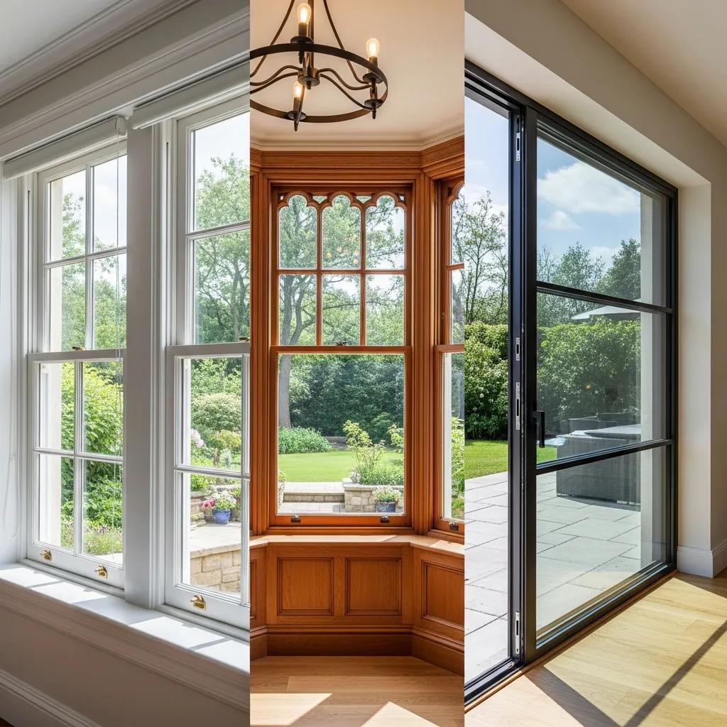 Different types of windows displayed in a home setting illustrating design and complexity