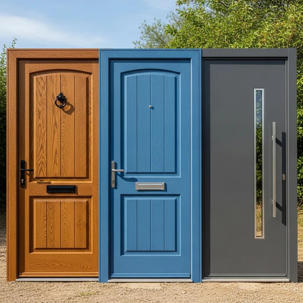 Selection of exterior doors made from wood, fiberglass, and steel highlighting durability and aesthetics
