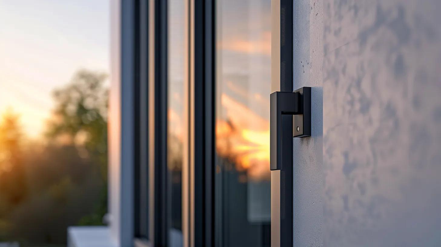 A sharp, architectural close-up of a modern anthracite grey fiberglass casement window set into a light smooth-stucco exterior wall. The window has an extremely slim profile and large glass pane, reflecting a soft sunset. The hardware is a minimalist matte black handle. The image highlights the clean lines and the precision of a professional seal. High-end contemporary home design, 8k, photorealistic, sharp focus on the frame's texture and the clarity of the NFRC-certified glazing. No people, no text.