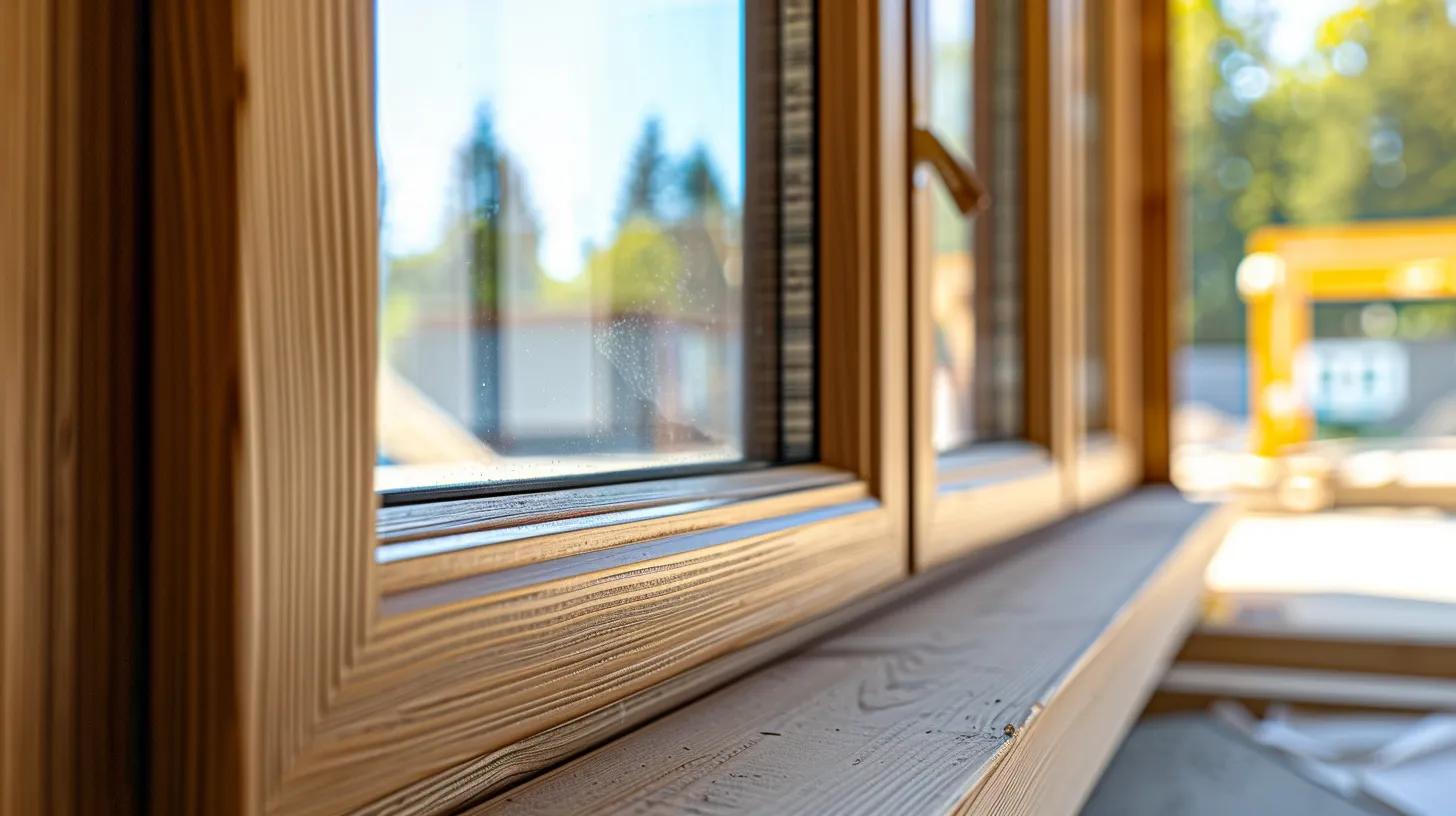 A high-end, close-up interior photograph of a solid wood window frame installation. The focus is on the rich grain of the timber and the precision of the carpentry joints. In the background, a professional carpenter's level is visible, suggesting a meticulous, code-compliant installation process. Soft natural light highlights the fine finish of the wood. The scene conveys luxury, high insulation value, and craftsmanship. No people, no text, hyper-realistic, 8k, architectural photography style, sharp focus on textures.