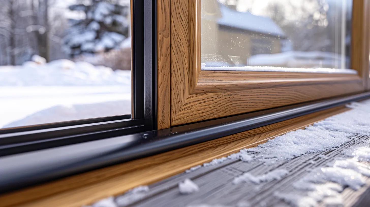 A professional architectural close-up of a high-quality fiberglass door's edge, showing the thick insulation core and the heavy-duty weatherstripping. The door has a realistic oak wood-grain texture in a light finish. Through the glass insert, a soft-focus view of a snowy Beverly, MA landscape is visible, contrasting with the warm, solid appearance of the door's interior seal. The lighting is crisp, emphasizing the air-tight fit and premium energy-efficient construction. No people, no text, 8k, photorealistic, sharp focus on the seal and material layers.
