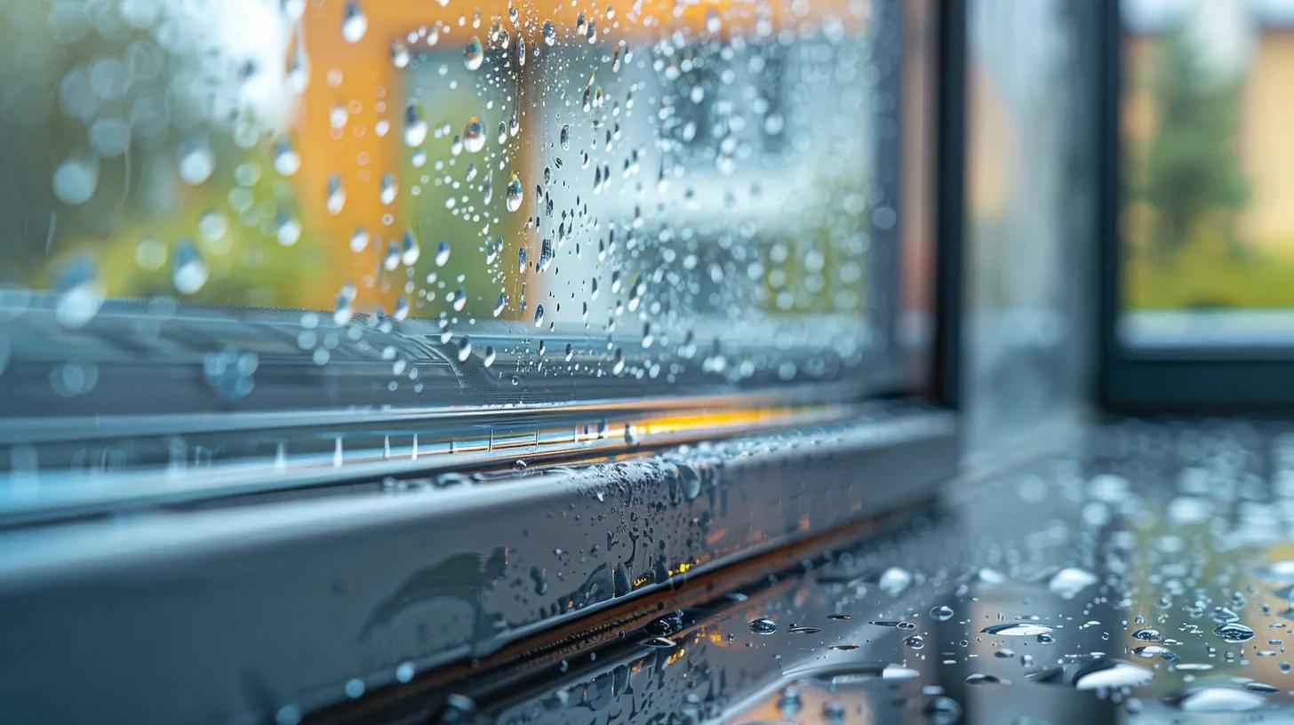 A high-quality, professional cross-section style photograph of a modern double-pane window. The focus is on the sleek spacer between the two glass layers, implying the presence of insulating argon gas. On the outside, a light rain or mist is visible on the glass, while the interior pane is perfectly clear and dry, reflecting a cozy, warm living room. The lighting is soft and clean, emphasizing the 'invisible' technology that keeps the home comfortable. No people, no text, 8k resolution, architectural photography, sharp focus on the glass edges and seal.