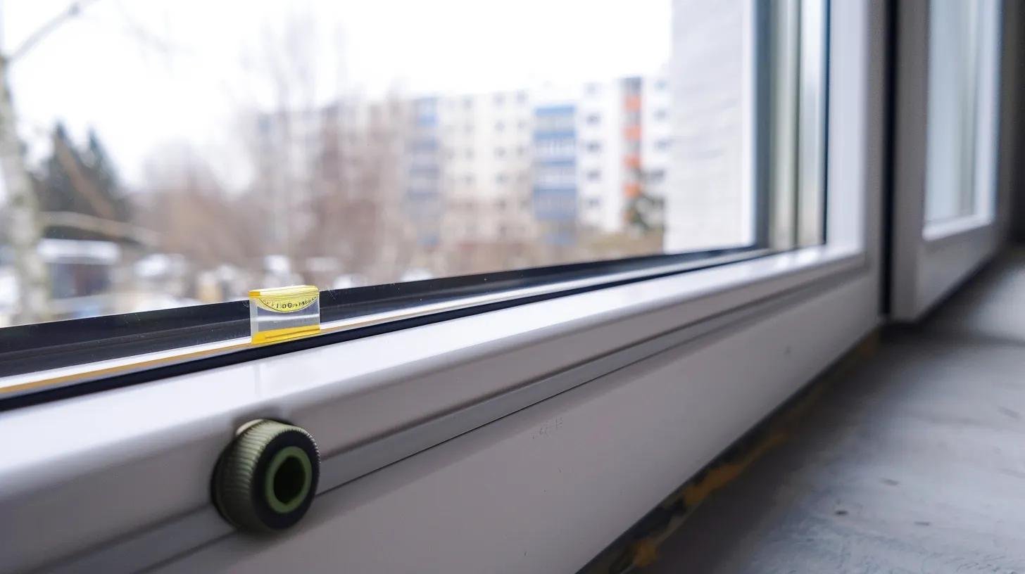 A professional, high-end close-up shot of a window frame being installed. A precision spirit level is resting on the horizontal sill, showing a perfectly centered bubble. The edge of the window frame is being meticulously sealed with a clean, smooth bead of high-quality silicone caulk. The background is a clean, modern construction site environment. The image emphasizes precision, expert workmanship, and the care required to avoid air leaks. No people, no text, 8k resolution, architectural photography style, sharp focus on the level and the seal bead.