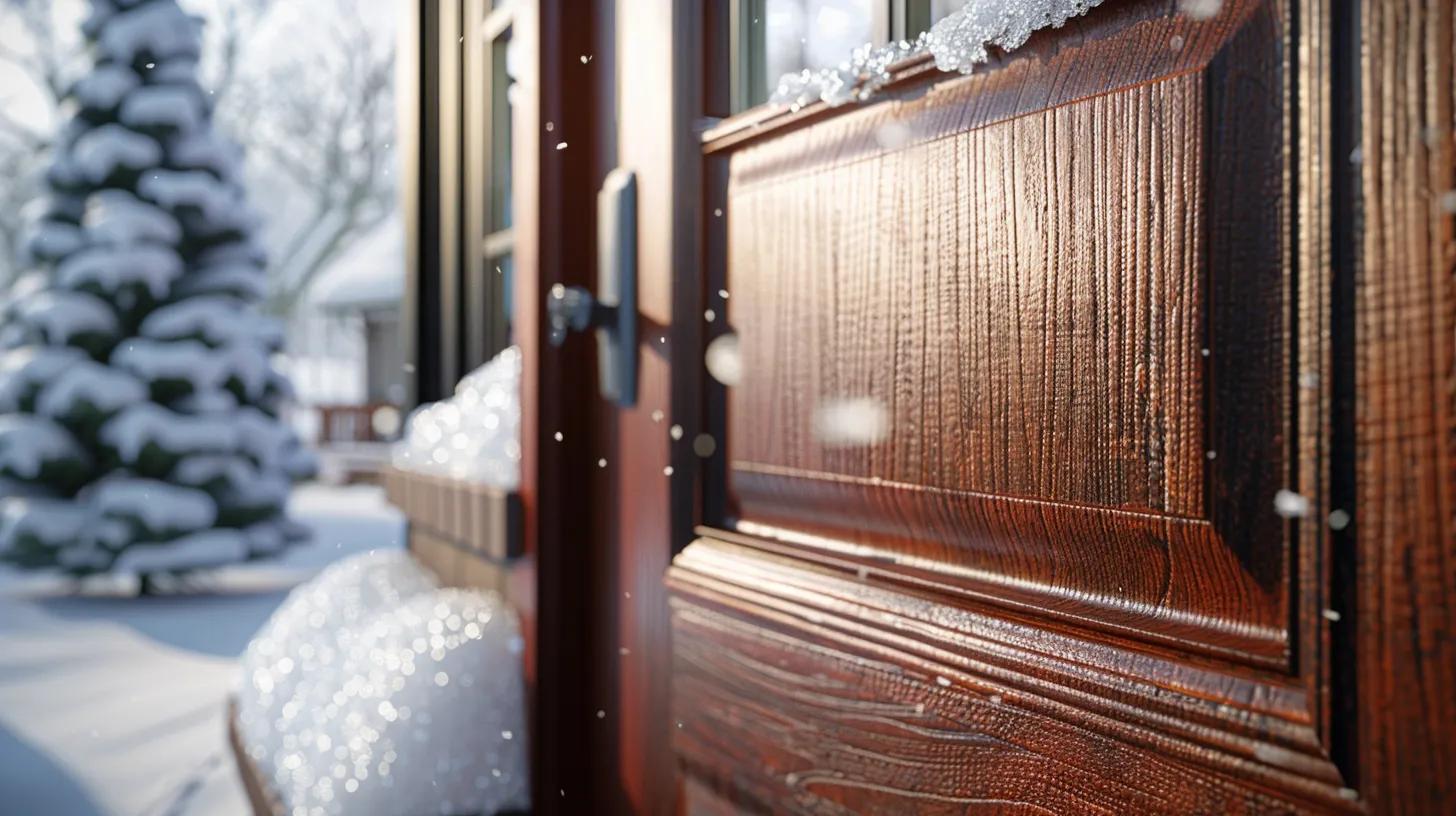 Luxurious fiberglass entry door with realistic mahogany wood grain texture, thick insulated door edge visible in cross-section detail, professional weatherstripping seal highlighted, winter scene with snow visible through door glass sidelight, warm interior lighting contrasting with cold exterior, sharp focus on insulation layers, professional architectural photography, crystal clear details, natural daylight, no text, no people whatsoever