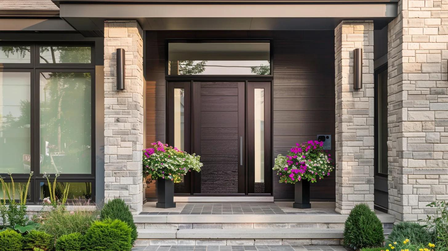 Stunning modern home exterior featuring elegant contemporary front entry door, rich fiberglass door with realistic wood grain texture in dark walnut tone, sleek brushed nickel hardware, large frosted glass sidelights, welcoming covered porch with columns, professional landscaping with colorful flowers, natural late afternoon golden light, beautiful curb appeal, architectural photography quality, pristine condition showcasing door as focal point, inviting home entrance, no text, no people whatsoever