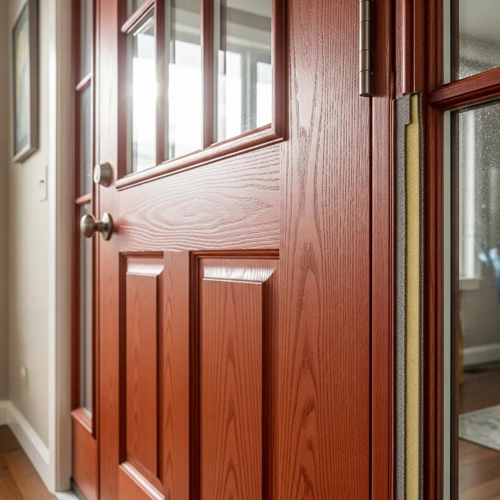 Close-up of a fiberglass entry door highlighting its durability and energy efficiency features