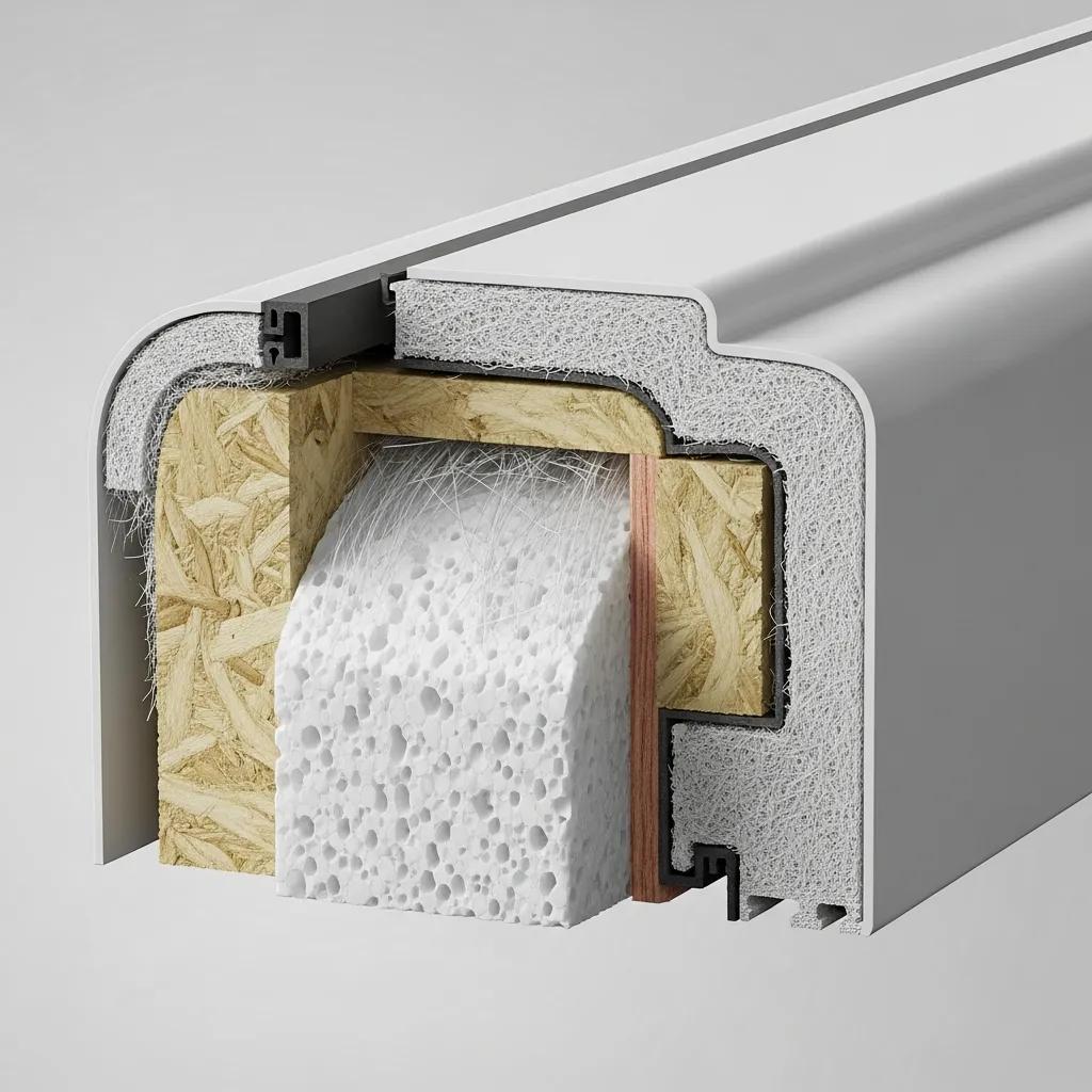 Close-up of a fiberglass door cross-section showing the insulation core and thermal barrier