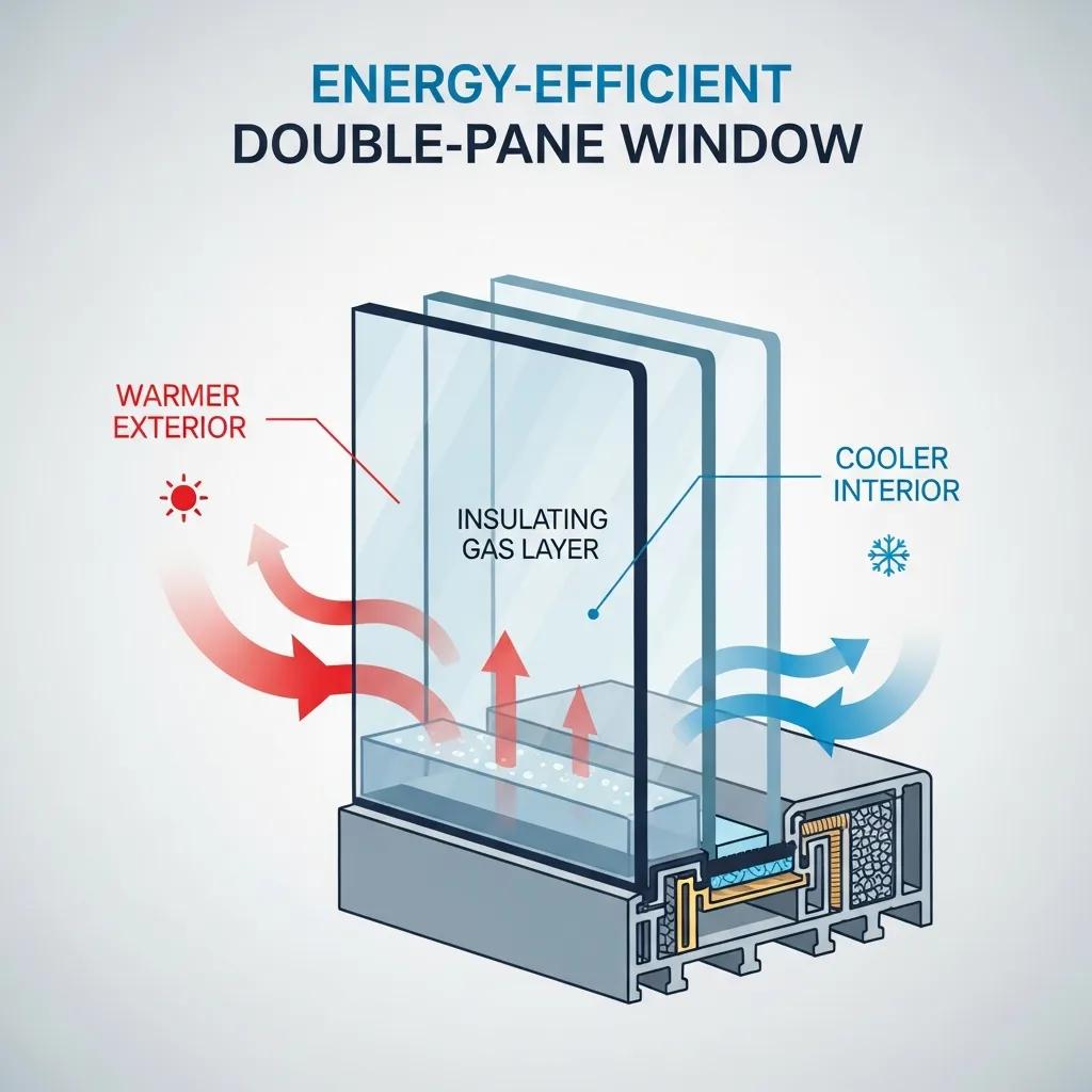 Illustrated cross-section of a double-pane window showing the insulating gas cavity and reduced heat transfer