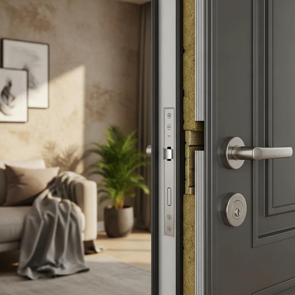Residential steel door shown to highlight a solid insulated core and thermal features