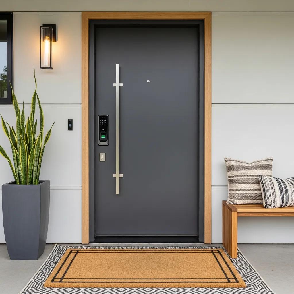Steel exterior door emphasizing security features and modern design in a home entrance