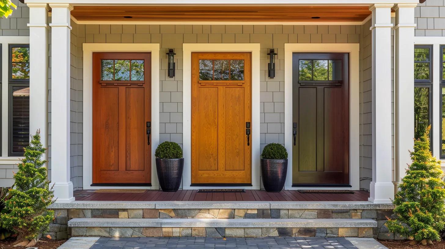 Charming home exterior showcasing three different entry door materials side by side in split-screen or triptych concept, rich wood door with natural grain on left, realistic fiberglass door mimicking wood in center, modern steel door on right, each installed in similar residential settings, welcoming front porches with professional landscaping, natural afternoon sunlight, professional architectural photography comparison, material options showcase, inviting curb appeal across all styles, no text, no people whatsoever