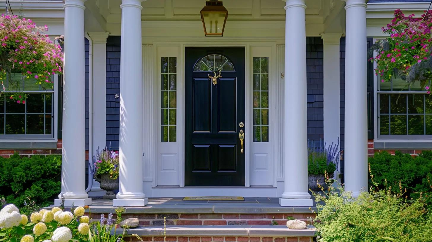 Straight-on eye-level view of elegant modern entry door on well-maintained Beverly MA home, energy-efficient fiberglass door with decorative glass, welcoming covered porch with columns, professional landscaping with seasonal flowers, natural afternoon sunlight, classic New England architecture, professional residential photography, inviting home entrance, no text, no people whatsoever