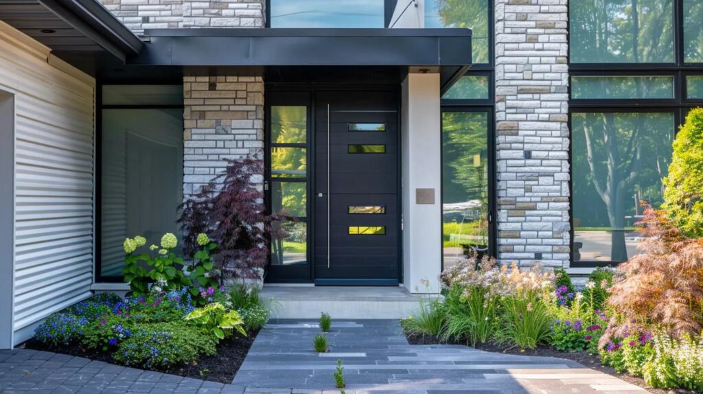 Stunning contemporary home entrance featuring sleek modern front door with clean lines in matte black finish, minimalist glass sidelight panels, brushed stainless hardware, professional landscaping, natural afternoon light, professional architectural photography, sophisticated modern design statement, energy-efficient contemporary style, inviting curb appeal, no text, no people whatsoever