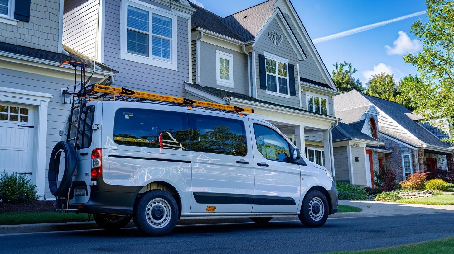 Professional window and door installation team van parked at beautiful residential job site, well-maintained service vehicle with organized equipment, quality tools visible, pristine home exterior, natural daylight, professional service provider photography, skilled trade excellence, trusted professional presence, organized efficient operation, no text, no people whatsoever