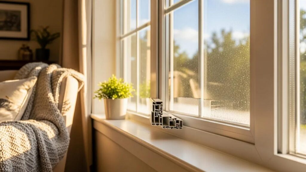 Close-up of a vinyl window showcasing energy efficiency with sunlight streaming through