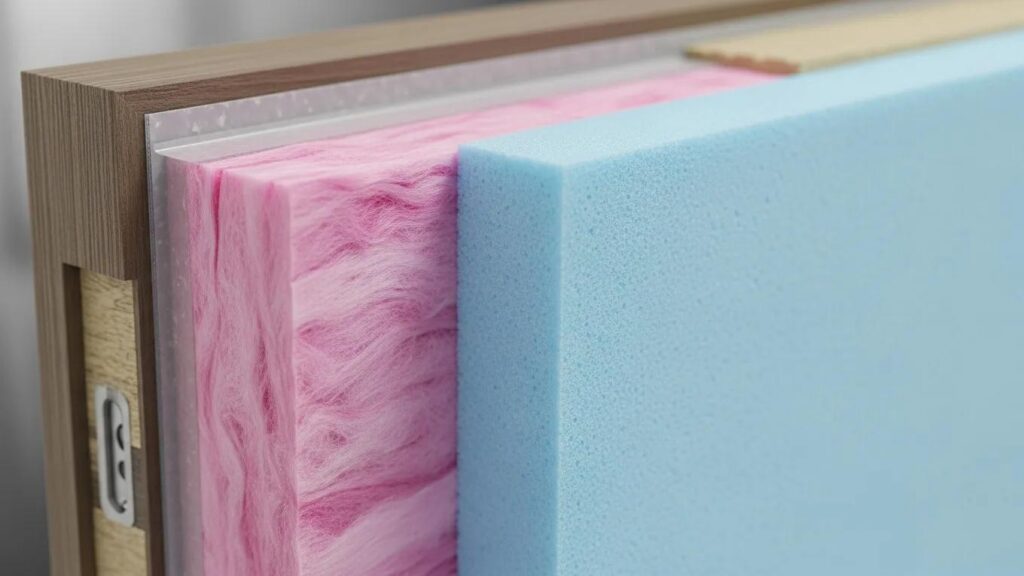 Close-up of door insulation materials like fiberglass and foam illustrating energy efficiency