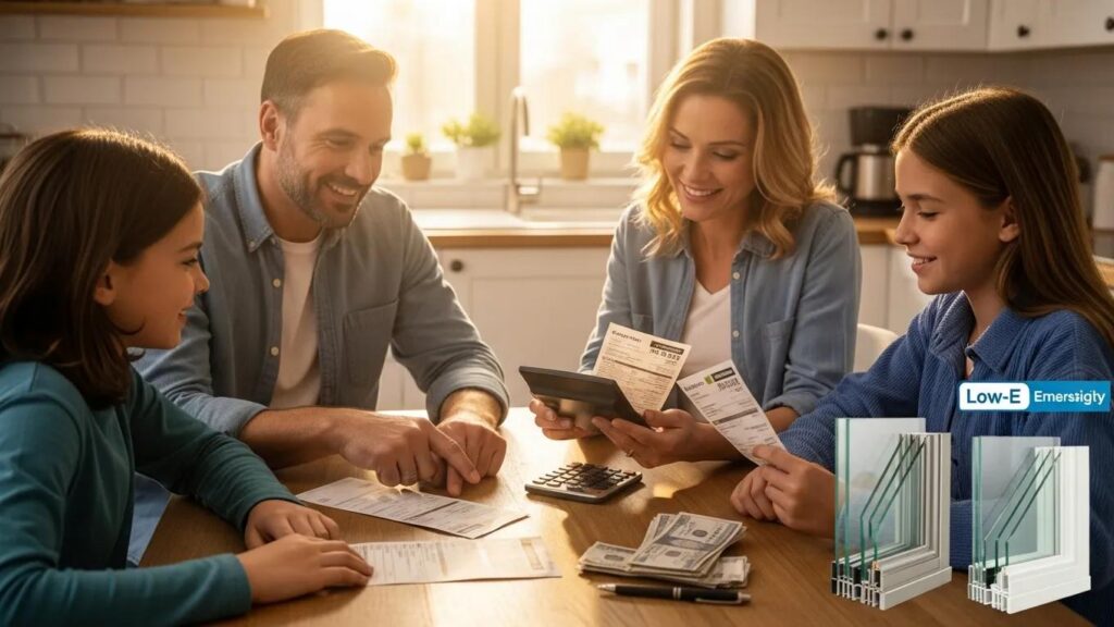 Family discussing energy savings from energy-efficient windows and doors at a kitchen table
