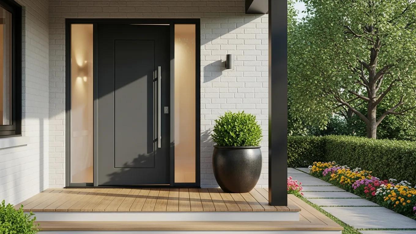 Modern fiberglass entry door in a stylish home setting, showcasing durability and aesthetic appeal