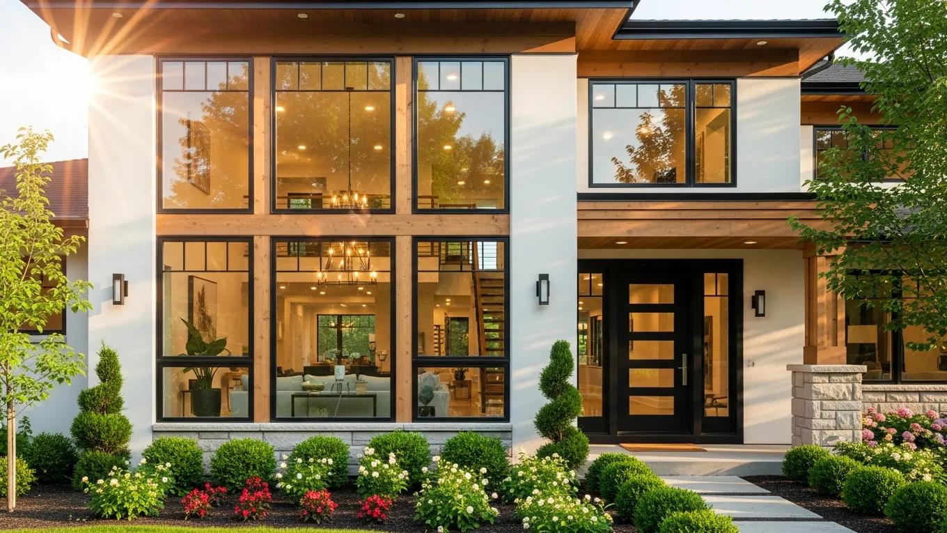 Modern home featuring energy-efficient windows and doors with sunlight illuminating the interior