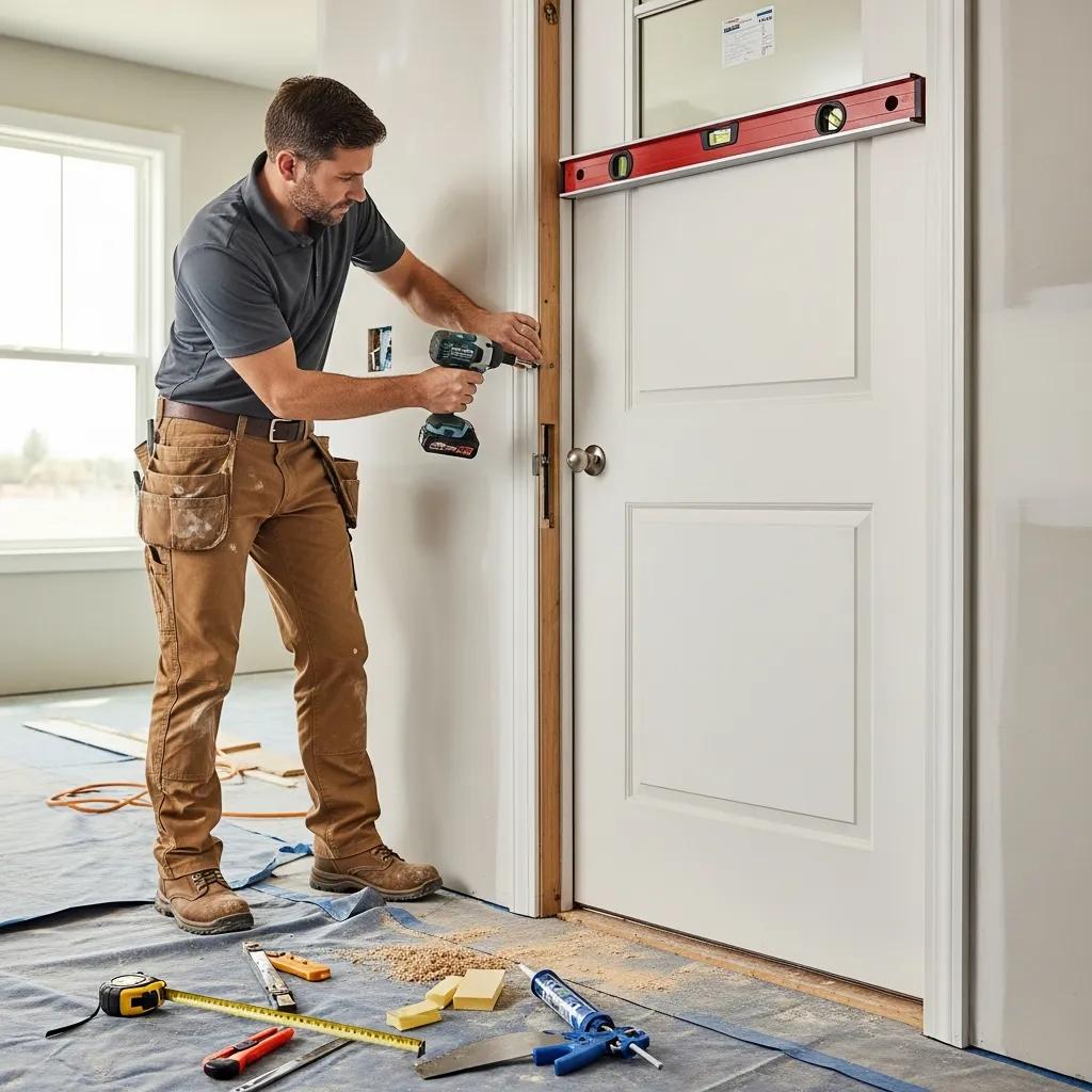 Professional installing an interior door, showcasing the installation process