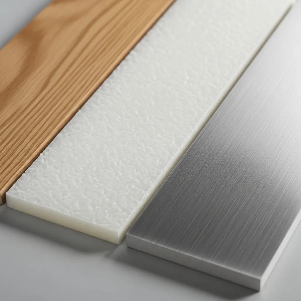 Samples of wood, fiberglass, and steel materials for interior doors